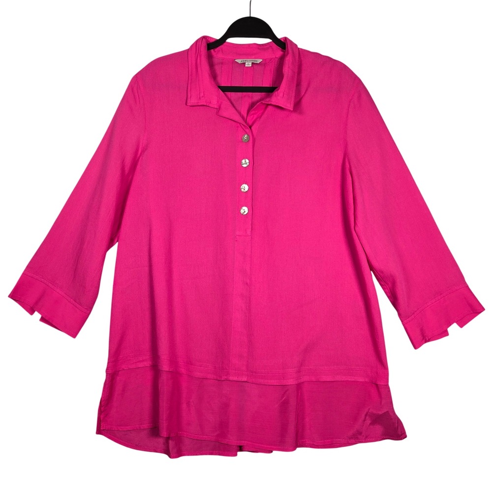 John Mark 3/4 Sleeve Layered Hem Button Tunic Top Women Large Pink Lagenlook